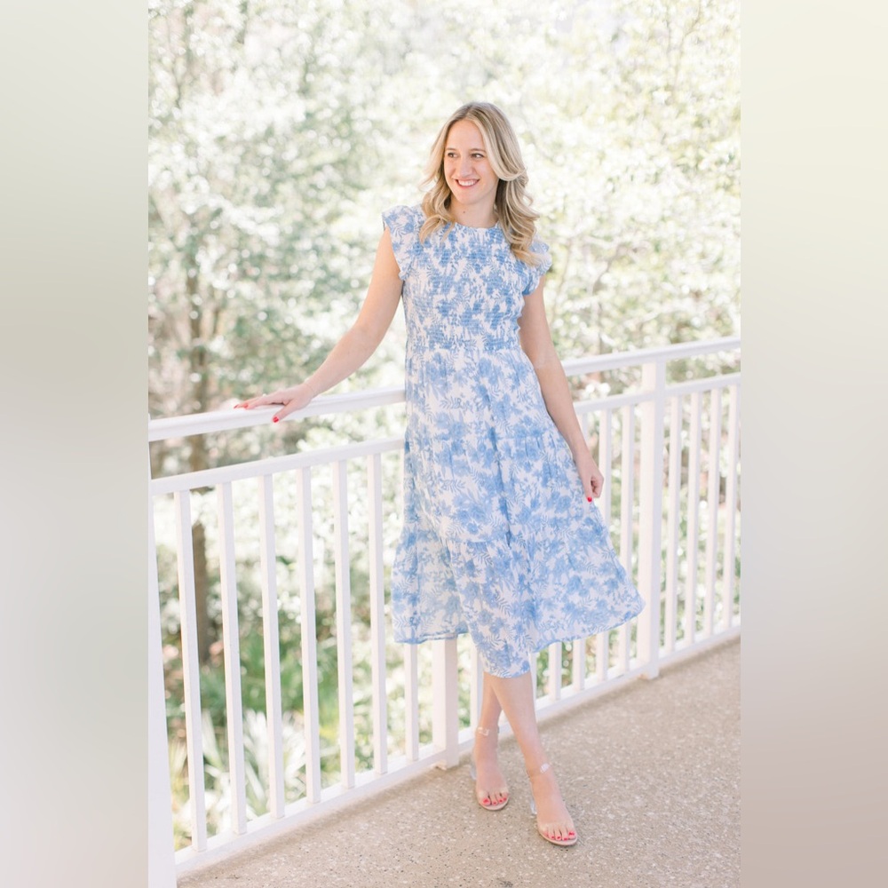 Anthropologie Sky Blue and White Floral Ruffled Midi Dress